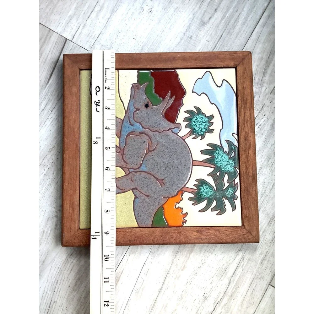 MCM Art Tile Pottery Triceratops Framed Trivet Nursery Decor Kid Room Dinosaurs